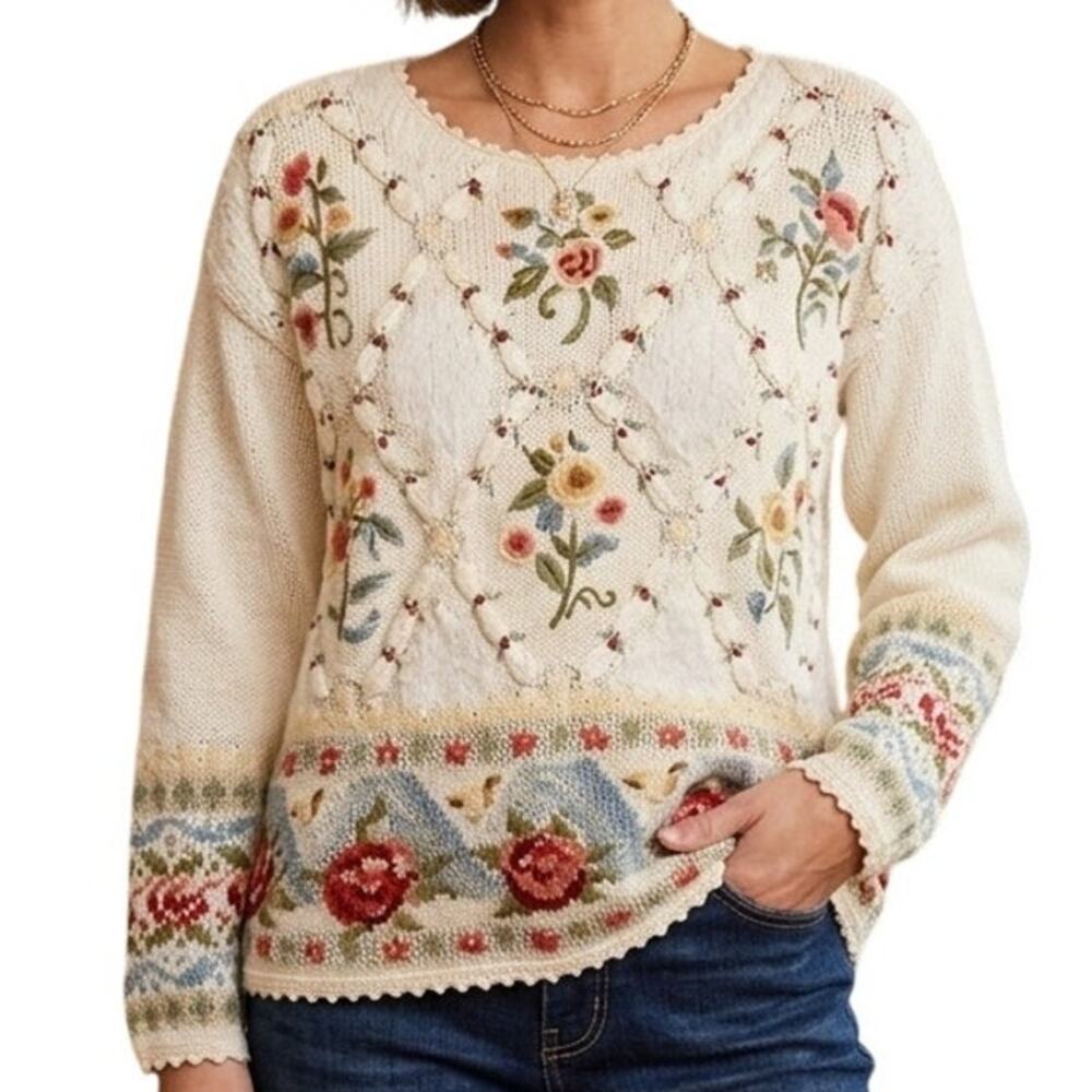 Tiara Vintage Floral Sweater Womens Medium Cream Red Intricate Cottage Y2K 90s